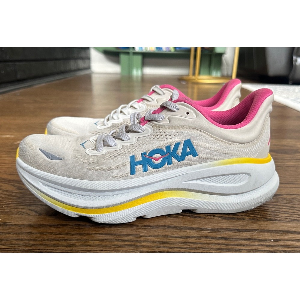 Hoka One One HOKA Bondi 9 Women Sz 9 Cream Pink Yellow Running Walking Sneakers